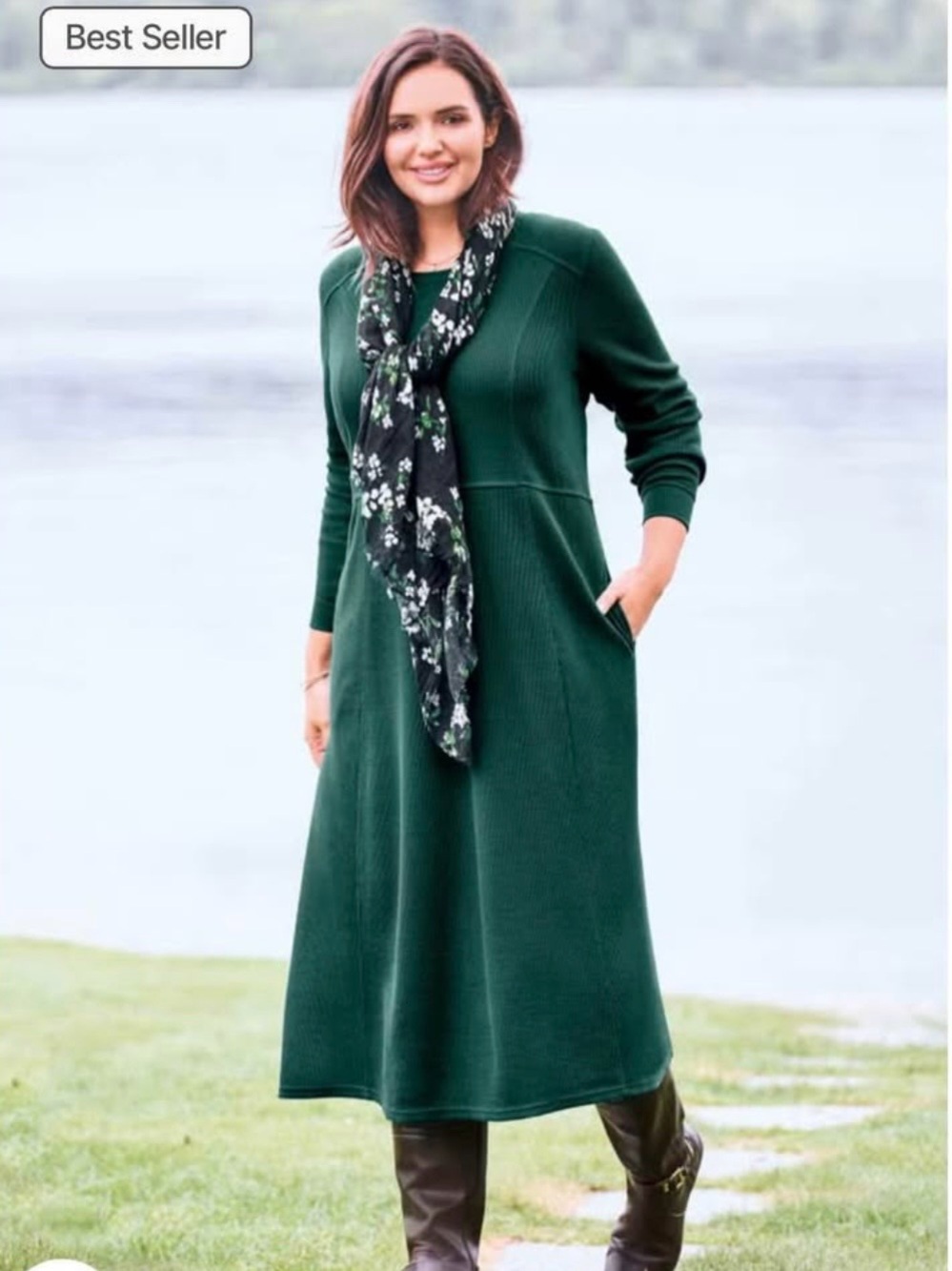 Dark Green Long Sleeve Waffle Knit Dress with Pockets